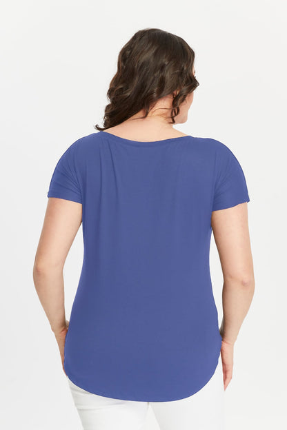 Wide V-Neck Plus Size Short Sleeve Indigo Blouse
