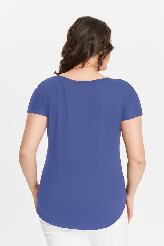Wide V-Neck Plus Size Short Sleeve Indigo Blouse