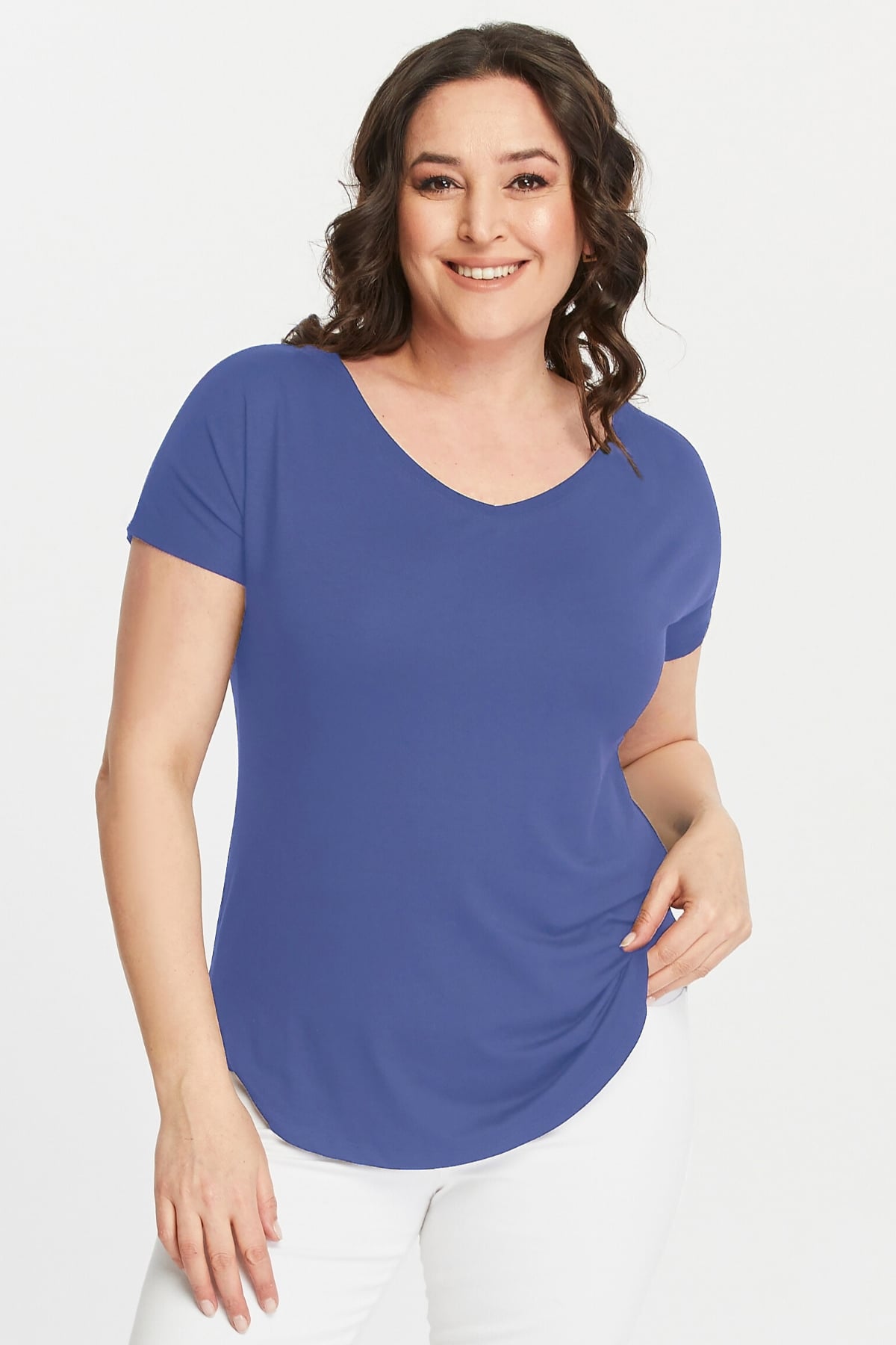 Wide V-Neck Plus Size Short Sleeve Indigo Blouse