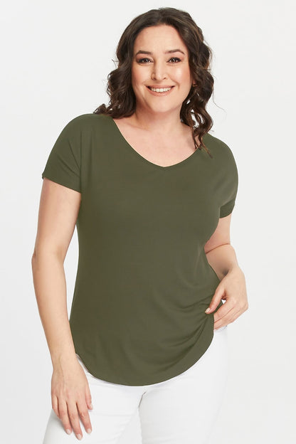 Wide V-Neck Plus Size Short Sleeve Khaki Blouse