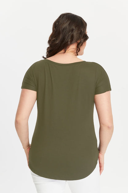 Wide V-Neck Plus Size Short Sleeve Khaki Blouse