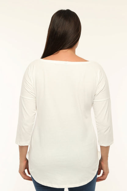 Plus Size V-Neck Long Sleeve Slit Heathered Viscose White Blouse