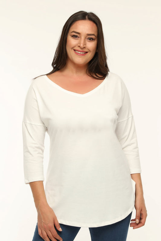 Plus Size V-Neck Long Sleeve Slit Heathered Viscose White Blouse