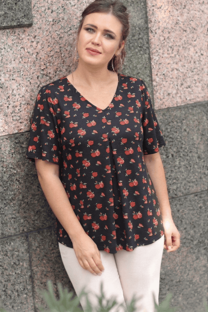 Rose Plus Size V-Neck Front Pleated Short Sleeve Blouse