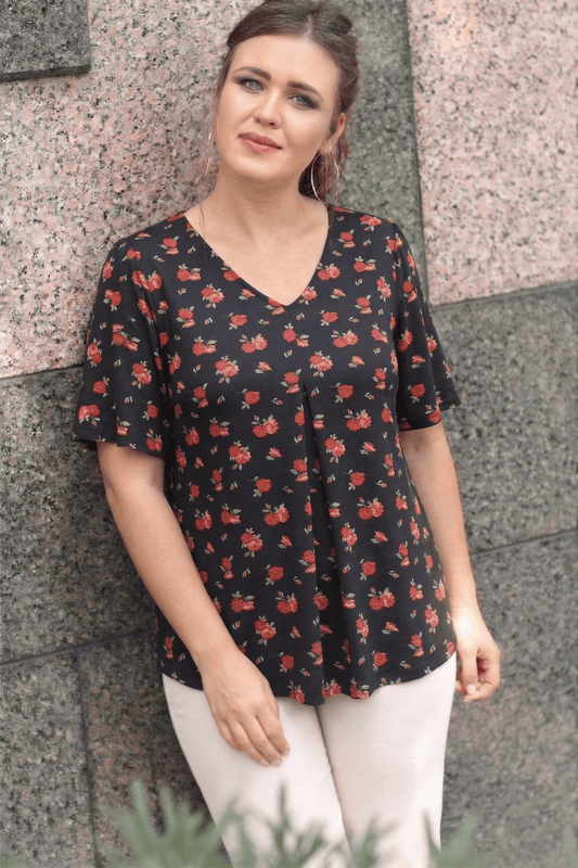 Rose Plus Size V-Neck Front Pleated Short Sleeve Blouse