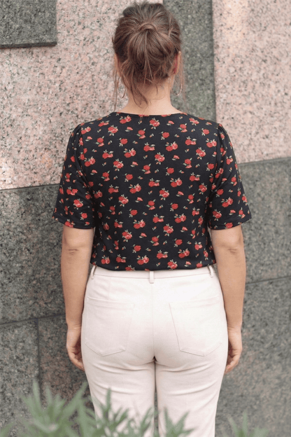 Rose Plus Size V-Neck Front Pleated Short Sleeve Blouse
