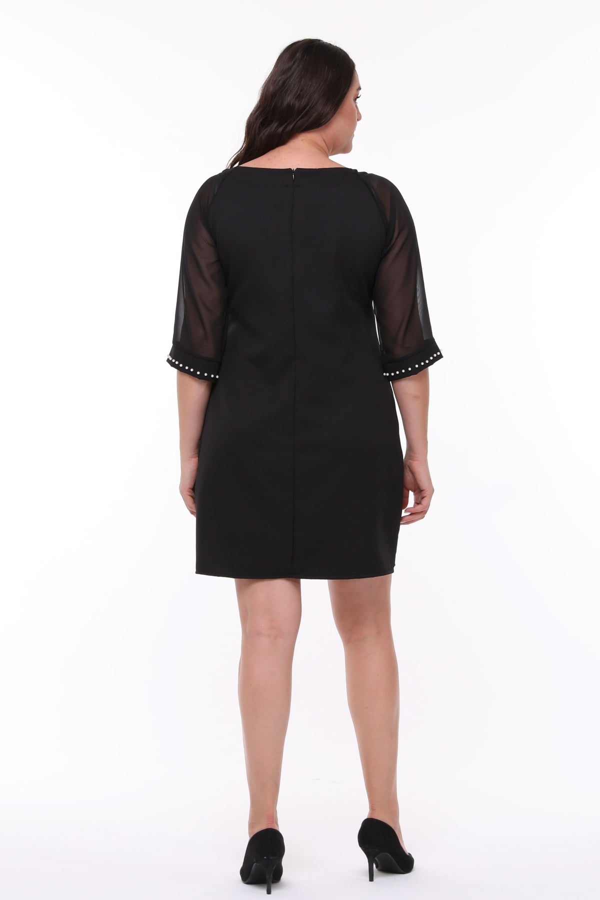 Plus Size Pearl Detail Round Neck Tulle Sleeve Black Dress