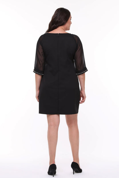 Plus Size Pearl Detail Round Neck Tulle Sleeve Black Dress