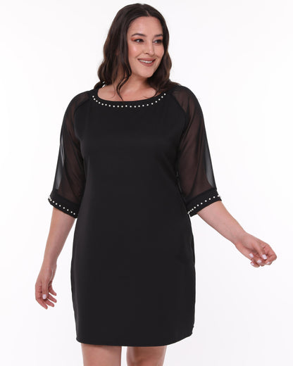 Plus Size Pearl Detail Round Neck Tulle Sleeve Black Dress