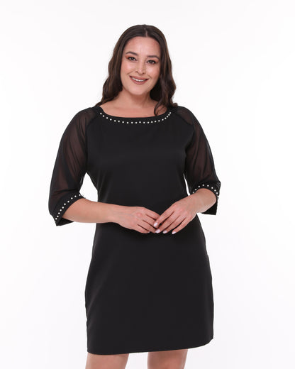 Plus Size Pearl Detail Round Neck Tulle Sleeve Black Dress