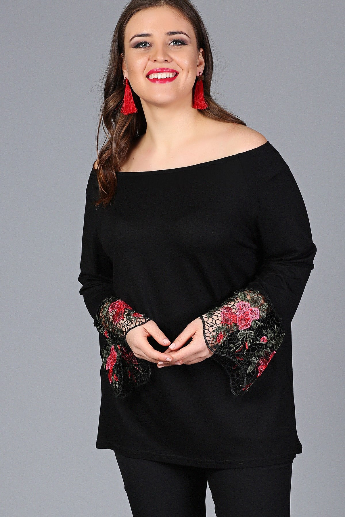 Plus Size Black Blouse with Floral Lace Trim on Sleeves