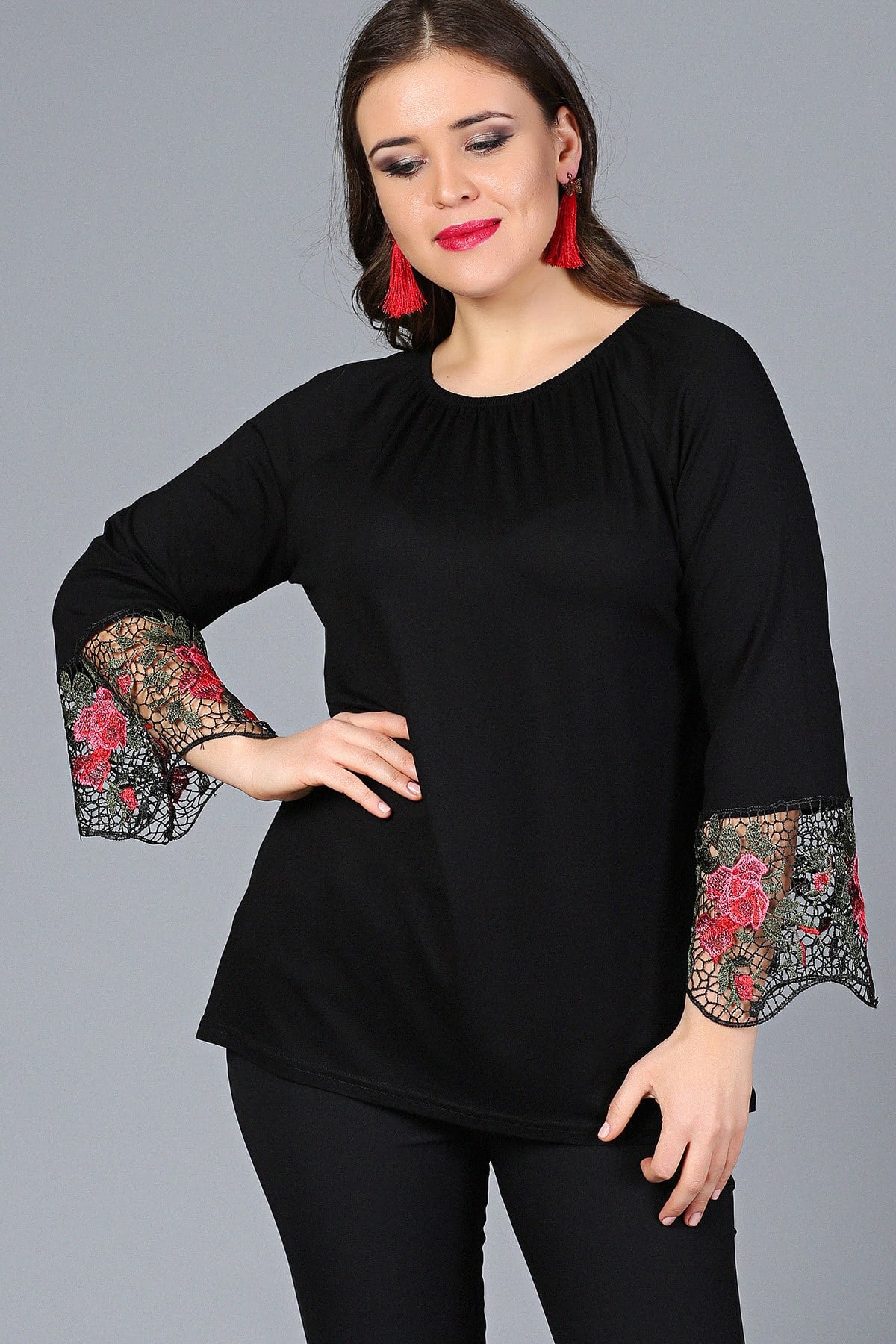 Plus Size Black Blouse with Floral Lace Trim on Sleeves