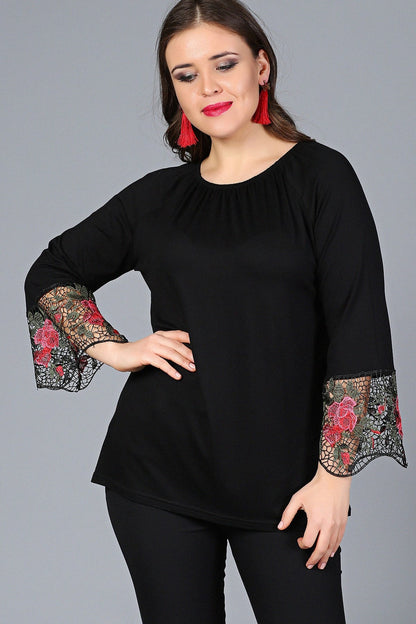Plus Size Black Blouse with Floral Lace Trim on Sleeves