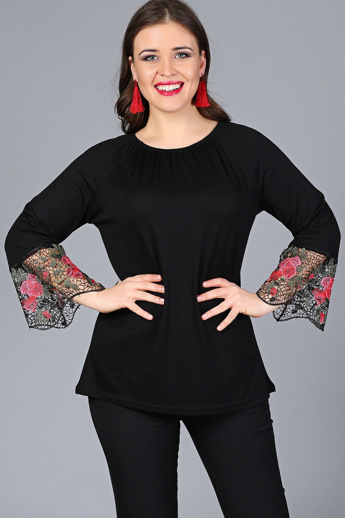 Plus Size Black Blouse with Floral Lace Trim on Sleeves