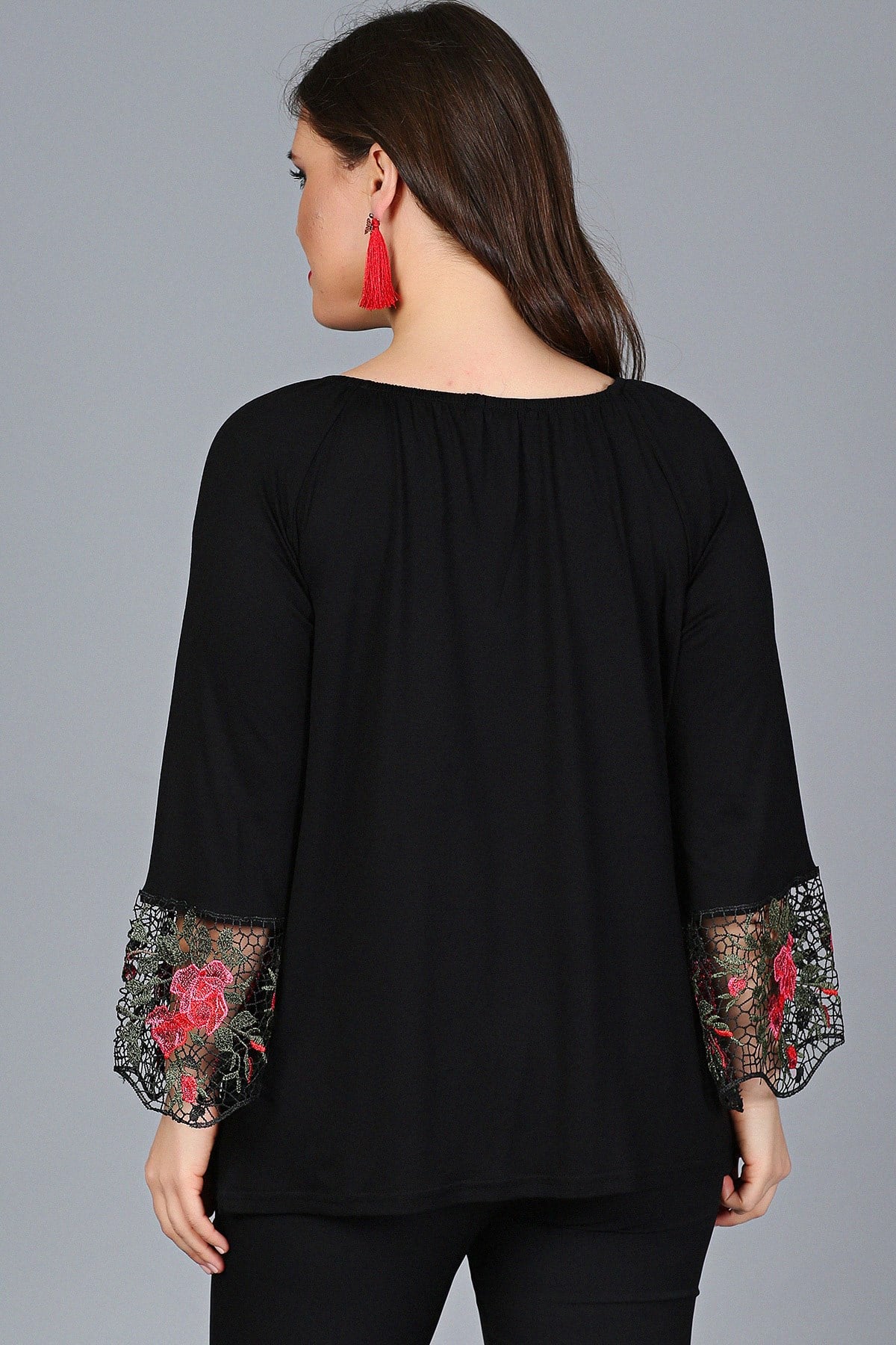 Plus Size Black Blouse with Floral Lace Trim on Sleeves
