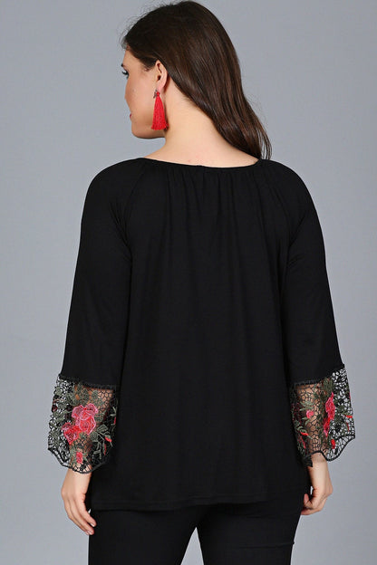 Plus Size Black Blouse with Floral Lace Trim on Sleeves