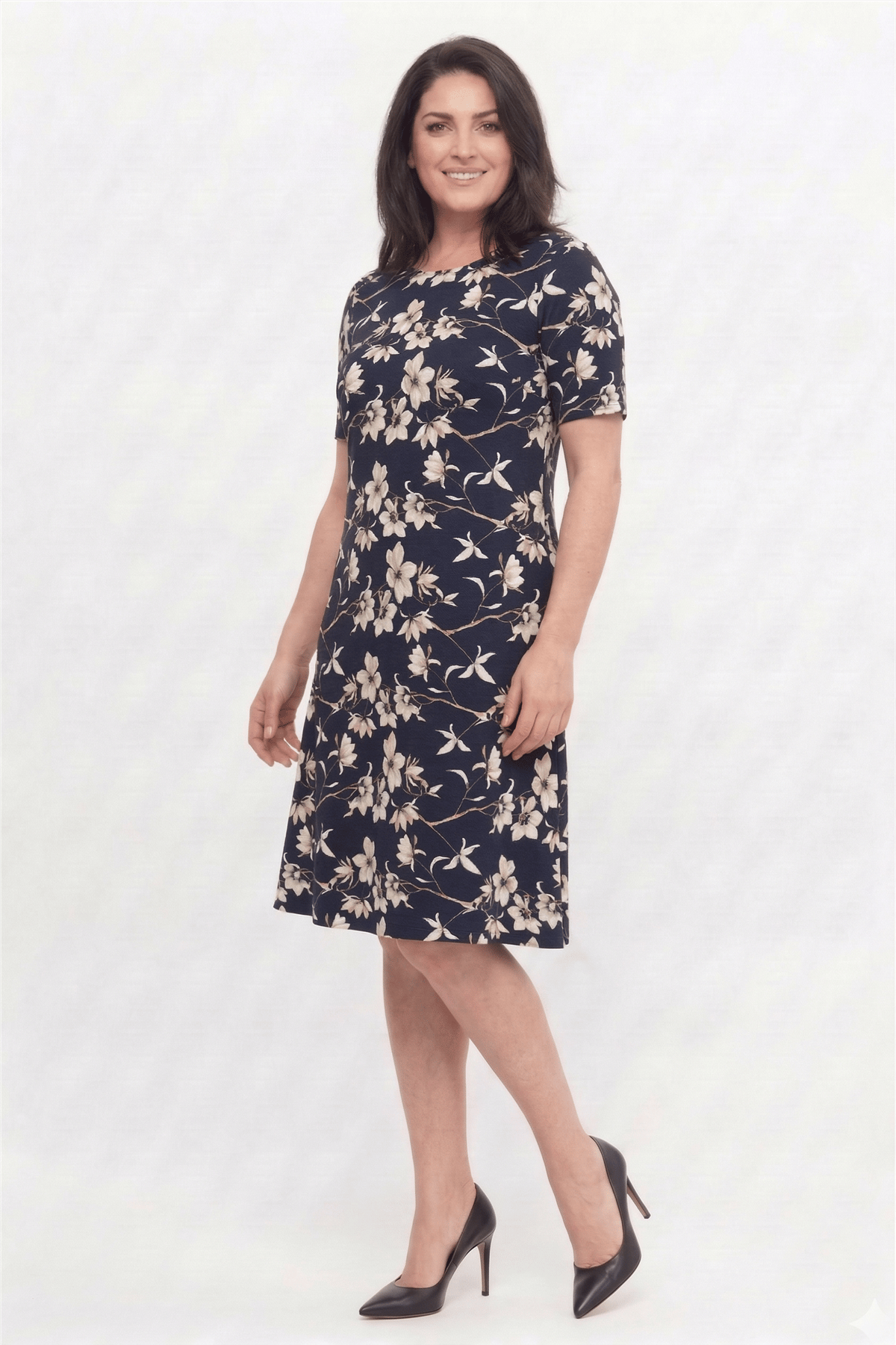 Plus Size Cream Floral Round Neck Short Sleeve Viscose Dress