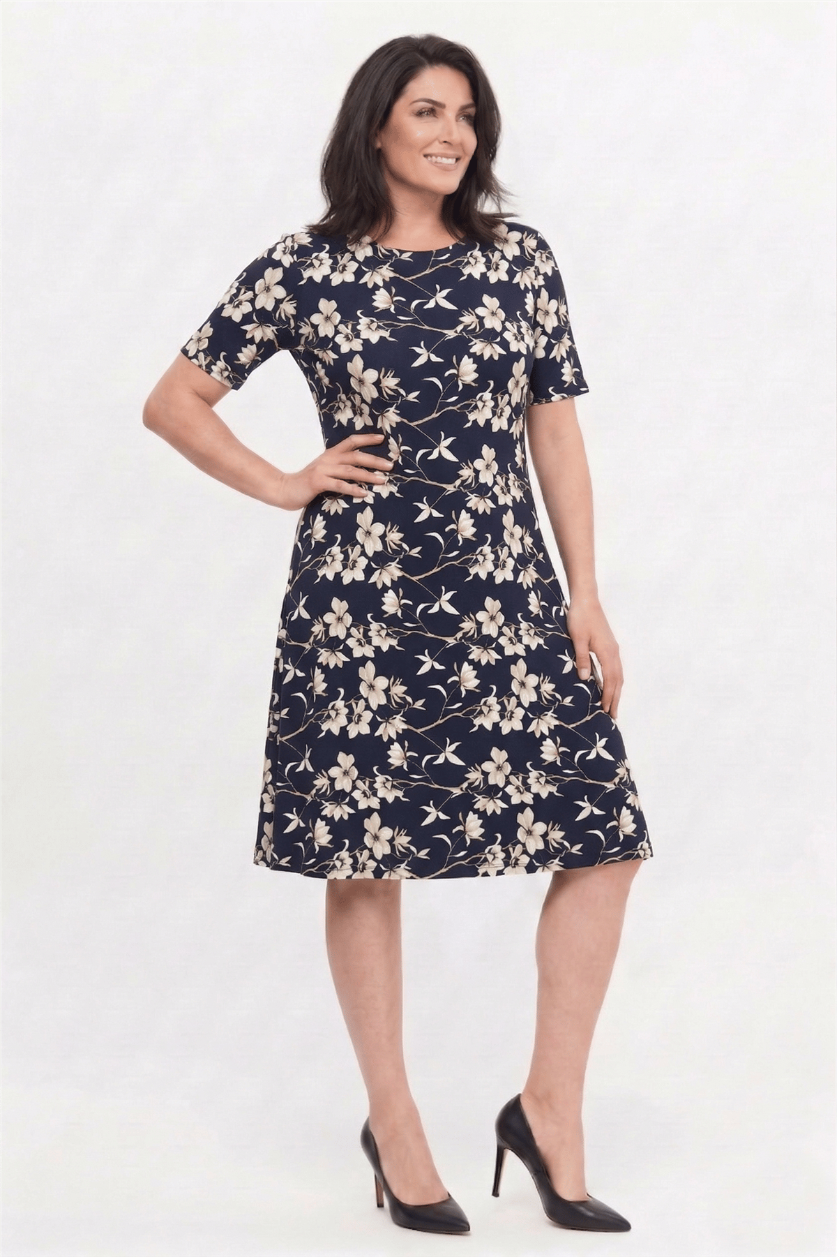 Plus Size Cream Floral Round Neck Short Sleeve Viscose Dress