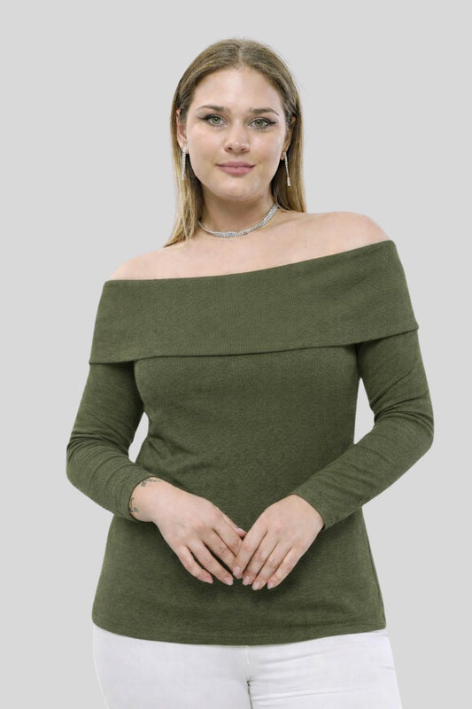 KHAKI Plus Size Madonna Collar Lycra Ribbed Blouse - Denoss