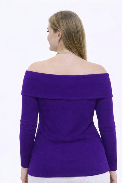 PURPLE Plus Size Madonna Collar Lycra Ribbed Blouse - Denoss