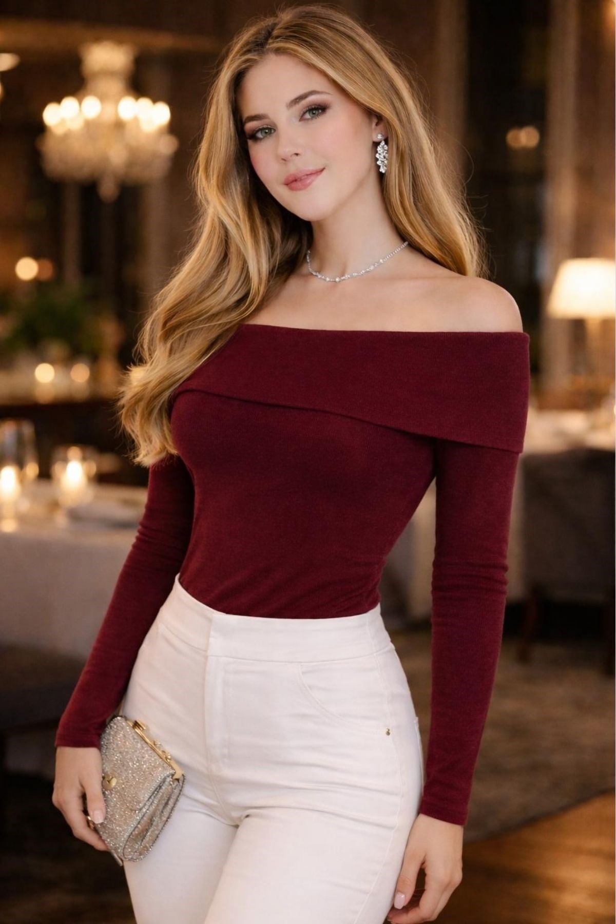 BURGUNDY Plus Size Madonna Collar Lycra Ribbed Blouse - Denoss