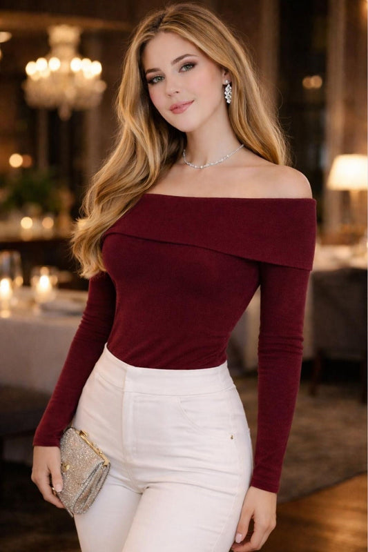 BURGUNDY Plus Size Madonna Collar Lycra Ribbed Blouse - Denoss