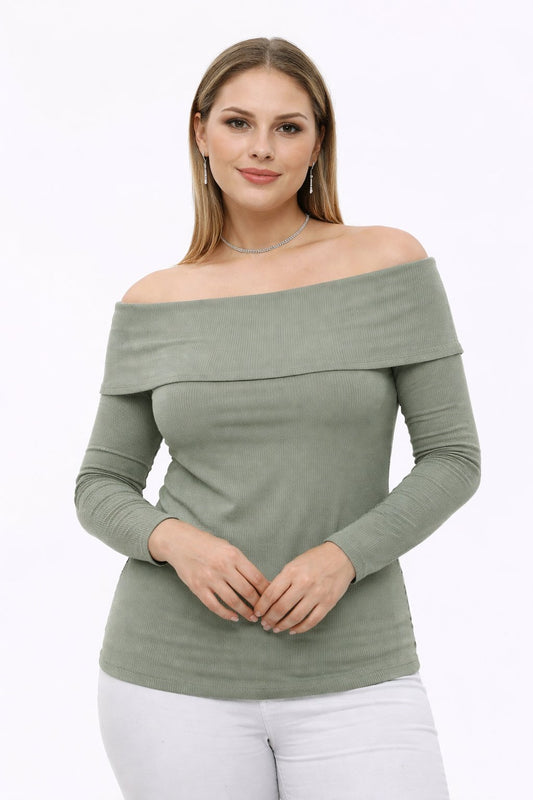 NILE GREEN Plus Size Madonna Collar Lycra Ribbed Blouse - Denoss