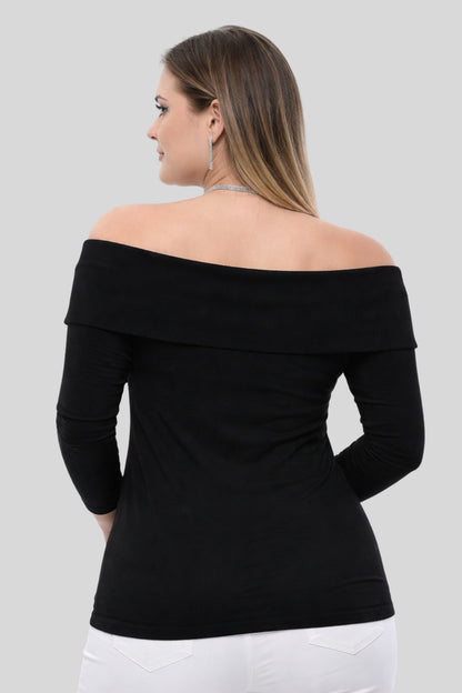 BLACK Plus Size Madonna Collar Lycra Ribbed Blouse - Denoss