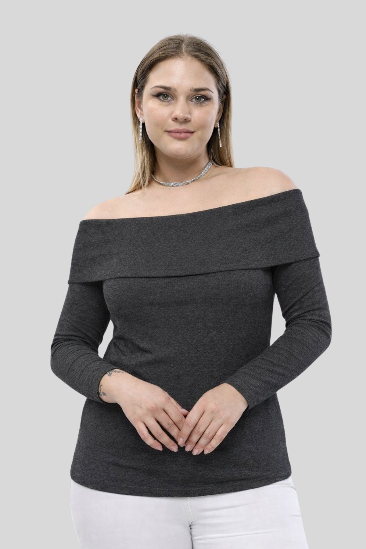 ANTHRACITE Plus Size Madonna Collar Lycra Ribbed Blouse - Denoss