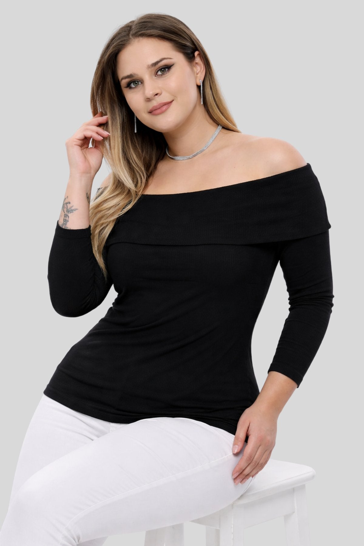 BLACK Plus Size Madonna Collar Lycra Ribbed Blouse - Denoss