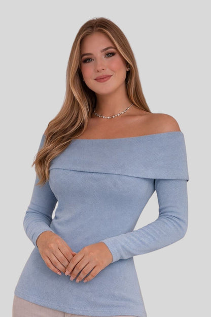 LIGHT BLUE Plus Size Madonna Collar Lycra Ribbed Blouse - Denoss