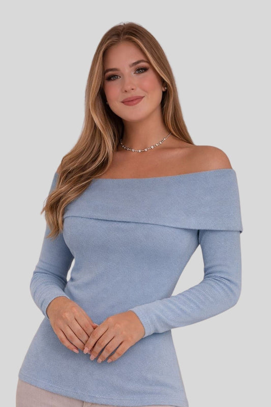 LIGHT BLUE Plus Size Madonna Collar Lycra Ribbed Blouse - Denoss