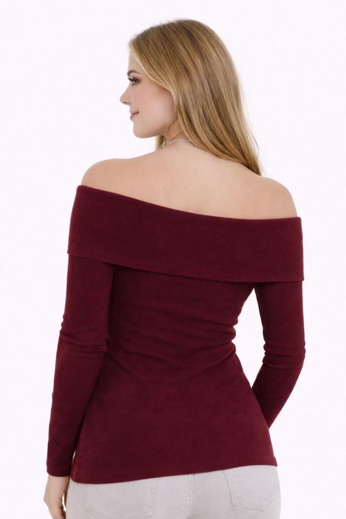 BURGUNDY Plus Size Madonna Collar Lycra Ribbed Blouse - Denoss