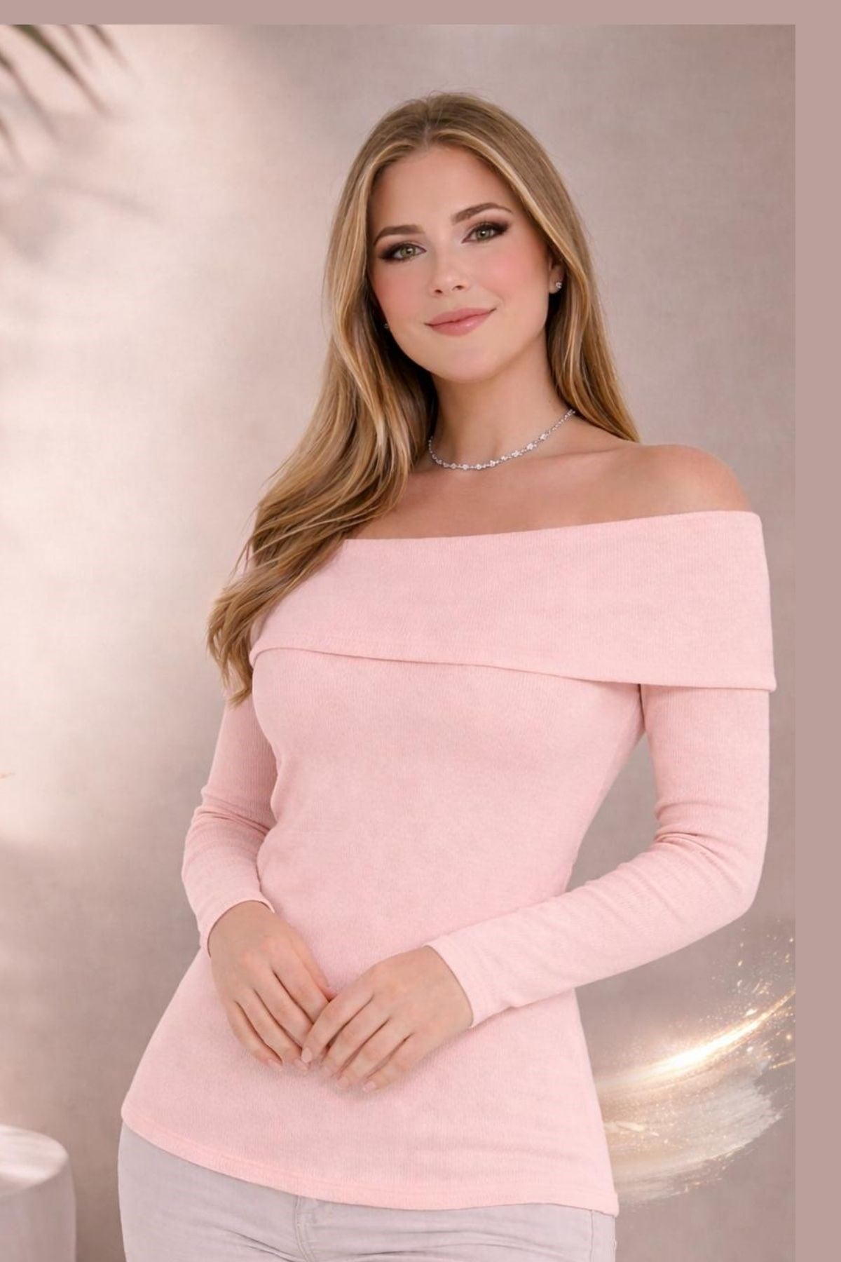 PINK Plus Size Madonna Collar Lycra Ribbed Blouse - Denoss