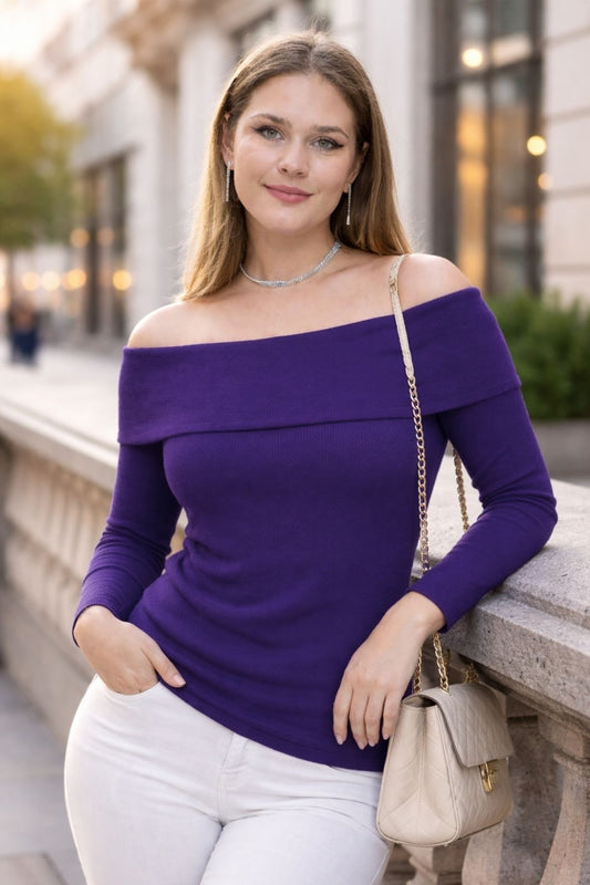 PURPLE Plus Size Madonna Collar Lycra Ribbed Blouse - Denoss