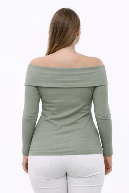 NILE GREEN Plus Size Madonna Collar Lycra Ribbed Blouse - Denoss