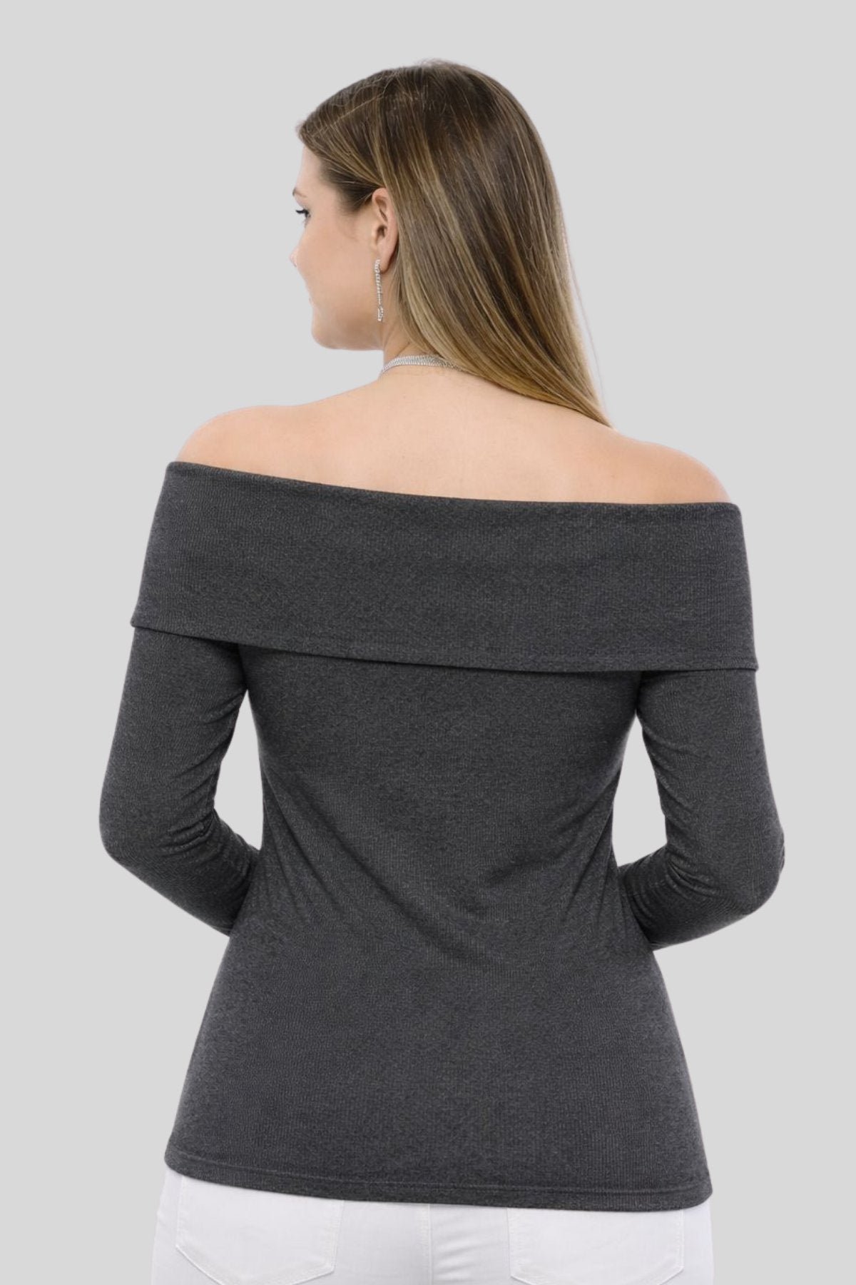 ANTHRACITE Plus Size Madonna Collar Lycra Ribbed Blouse - Denoss