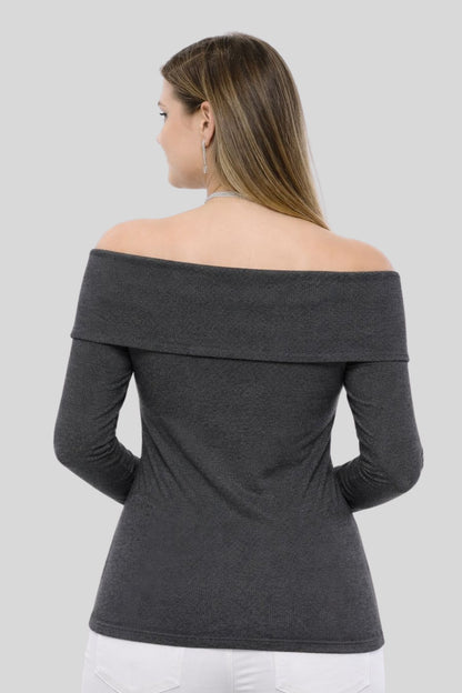 ANTHRACITE Plus Size Madonna Collar Lycra Ribbed Blouse - Denoss