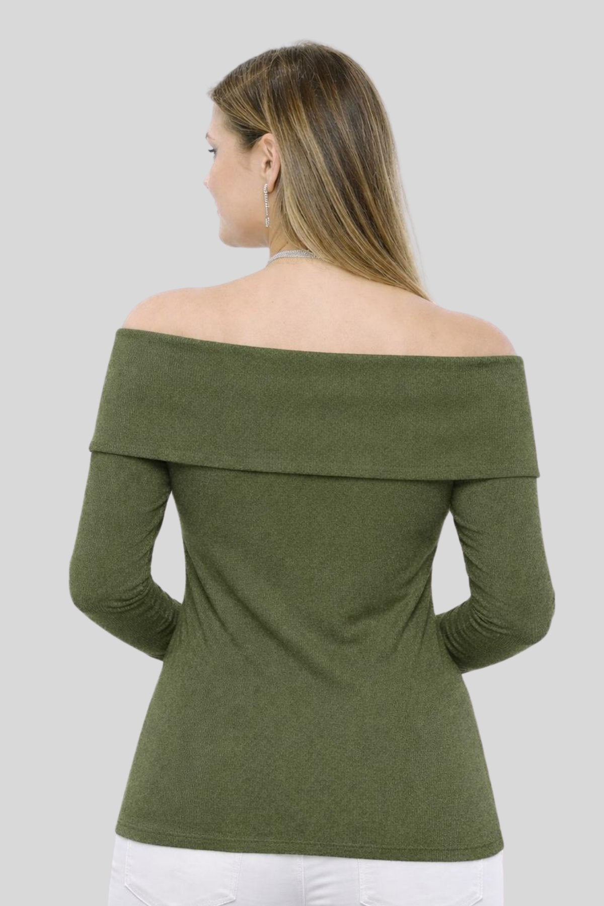 KHAKI Plus Size Madonna Collar Lycra Ribbed Blouse - Denoss