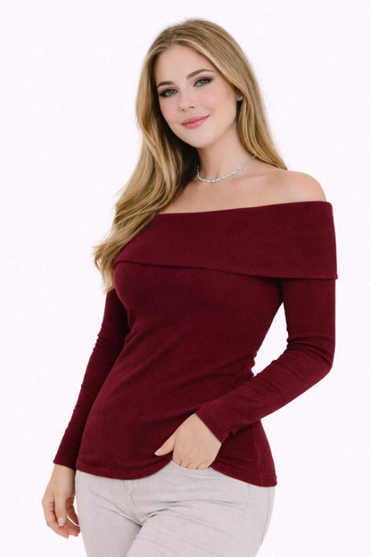 BURGUNDY Plus Size Madonna Collar Lycra Ribbed Blouse - Denoss