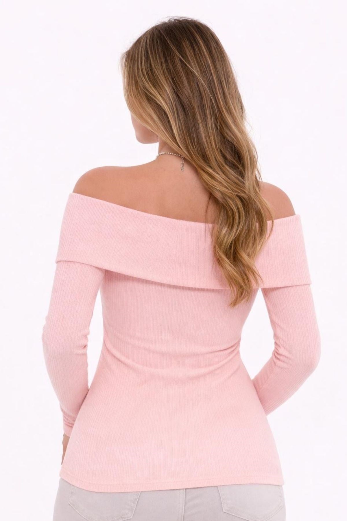 PINK Plus Size Madonna Collar Lycra Ribbed Blouse - Denoss