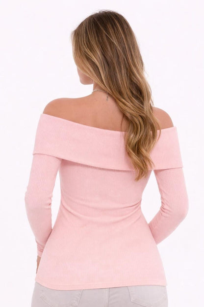 PINK Plus Size Madonna Collar Lycra Ribbed Blouse - Denoss