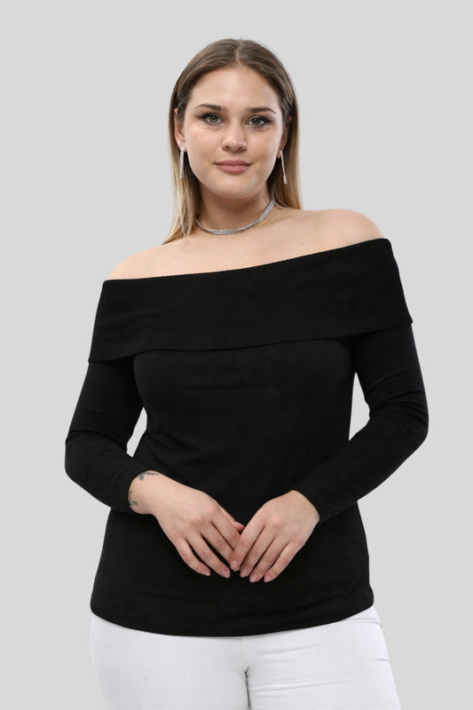 BLACK Plus Size Madonna Collar Lycra Ribbed Blouse - Denoss