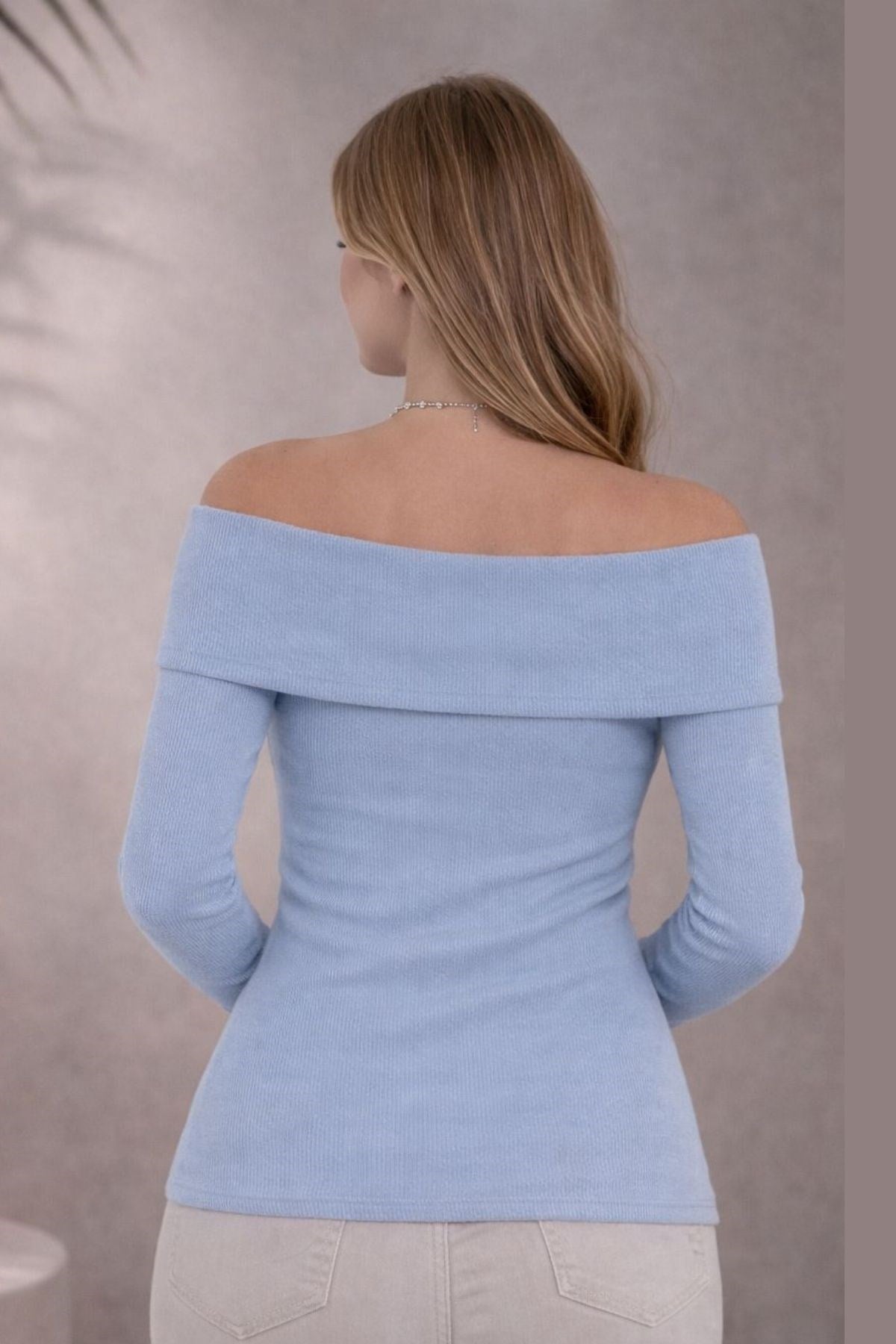 LIGHT BLUE Plus Size Madonna Collar Lycra Ribbed Blouse - Denoss