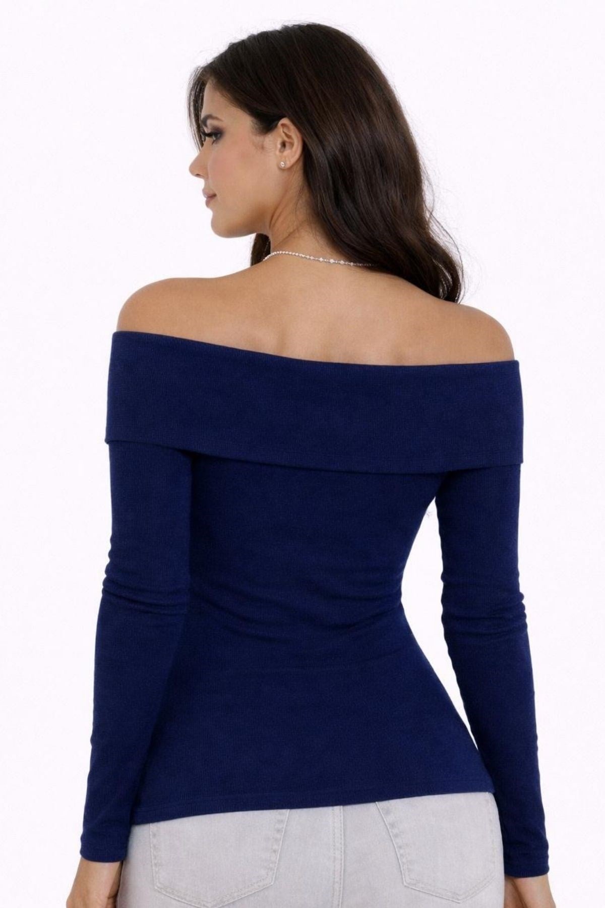 NAVY BLUE Plus Size Madonna Collar Lycra Ribbed Blouse - Denoss
