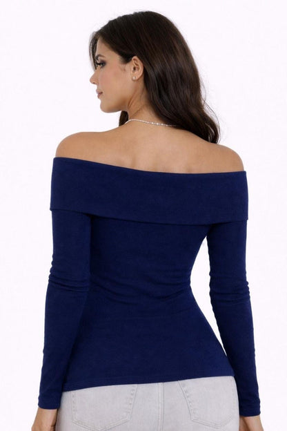 NAVY BLUE Plus Size Madonna Collar Lycra Ribbed Blouse - Denoss
