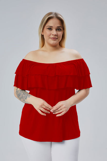 Red Plus Size Madonna Neck Viscose Blouse