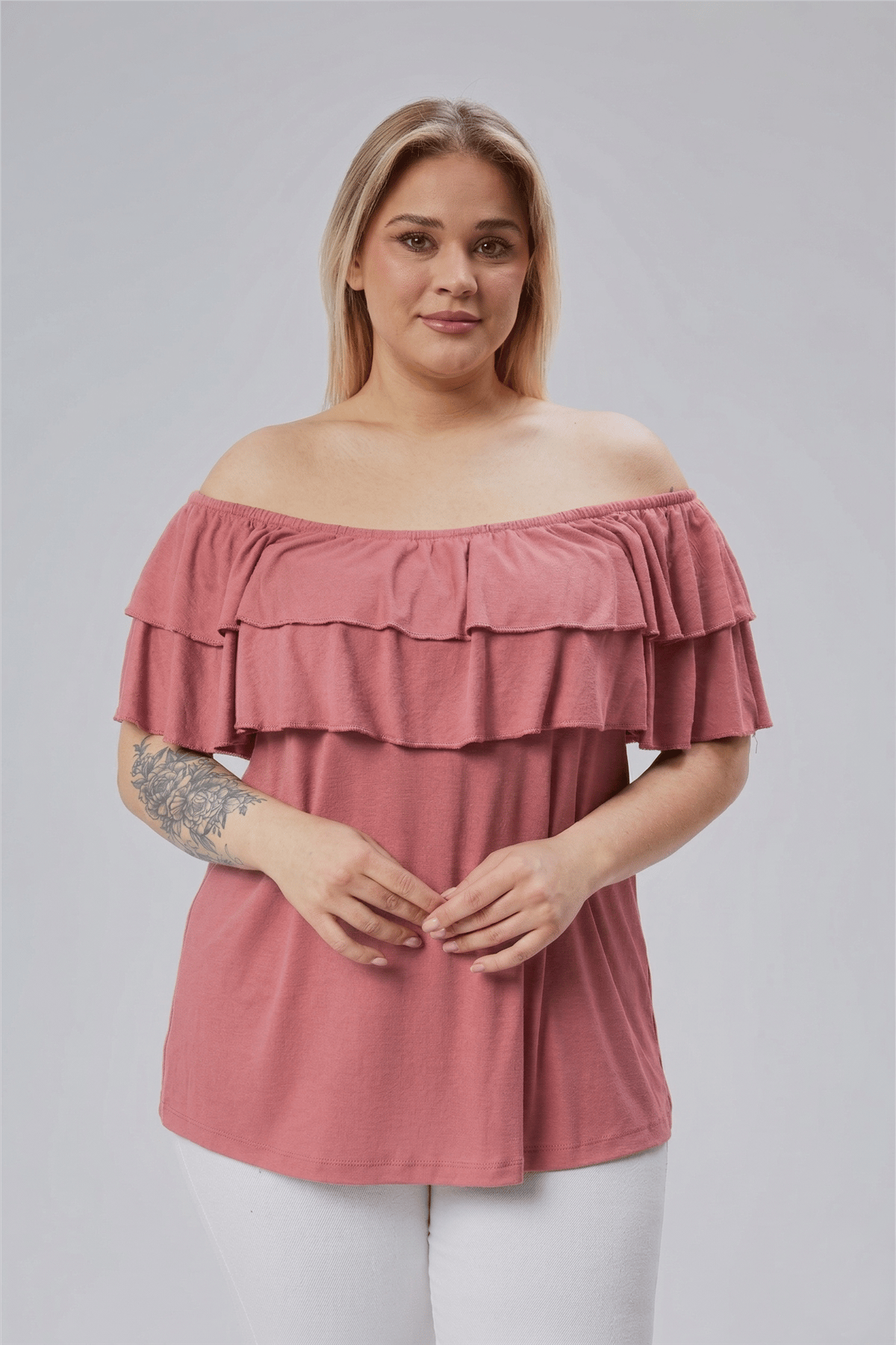 Pudra Plus Size Madonna Neck Viscose Blouse