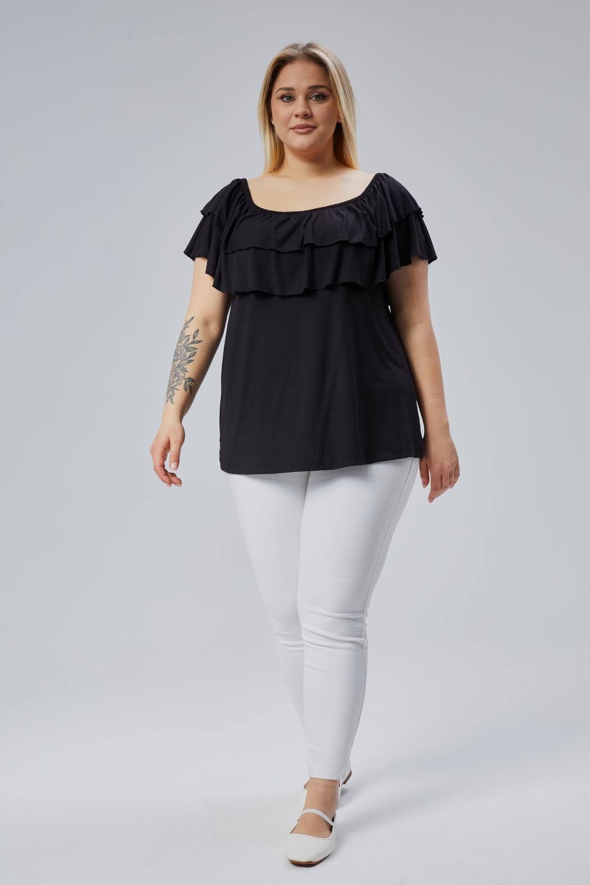 Black Plus Size Madonna Neck Viscose Blouse