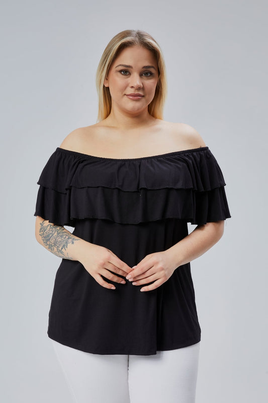 Black Plus Size Madonna Neck Viscose Blouse